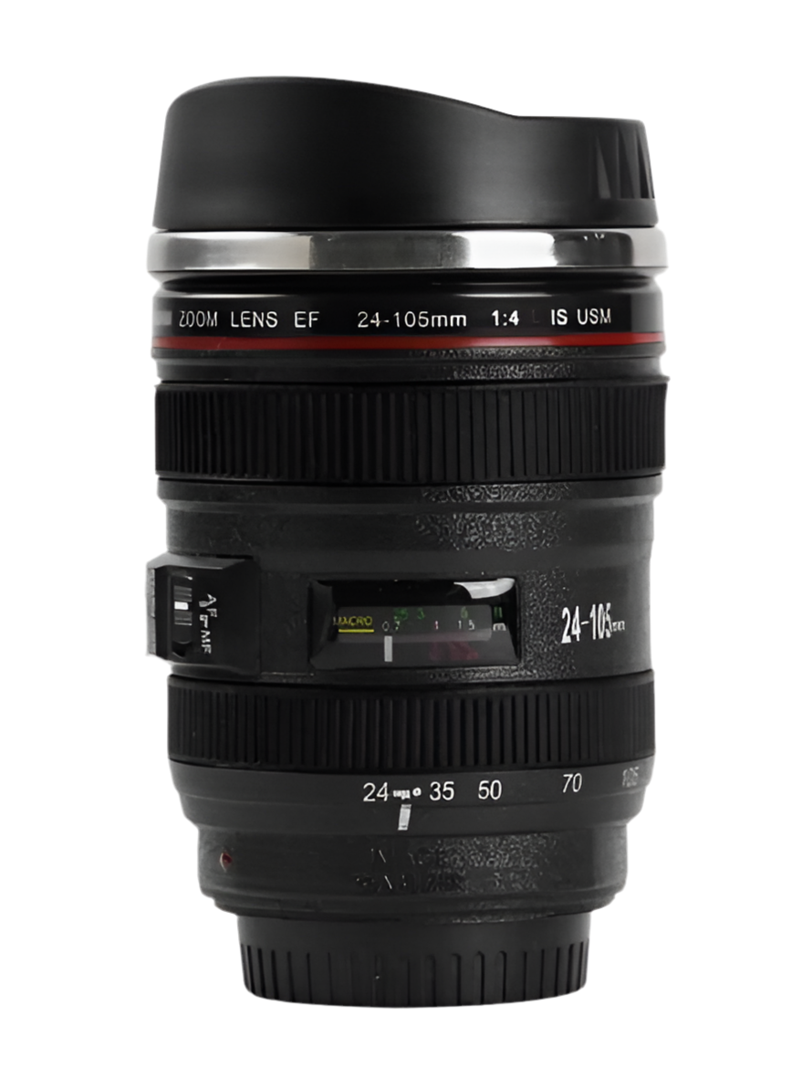 DSLR camera lens mug with solid lid